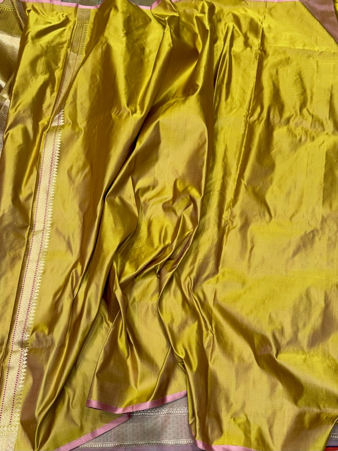 Mehndi Yellow Handwoven Pure Banarasi Satin Tanchoi Silk Saree – Kadwa Weave | Authentic Banaras Handloom