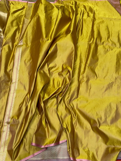 Mehndi Yellow Handwoven Pure Banarasi Satin Tanchoi Silk Saree – Kadwa Weave | Authentic Banaras Handloom