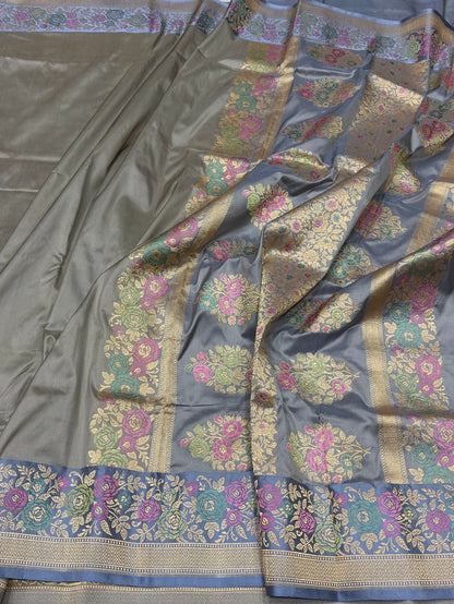 Ash Grey Handwoven Pure Banarasi Silk Saree in Kadwa Weave | Authentic Katan Mulberry Silk