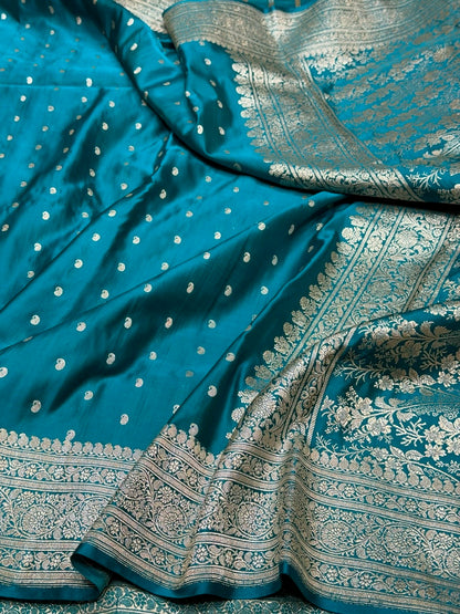 Turquoise Blue Handwoven Vintage Pure Banarasi Satin Silk Saree