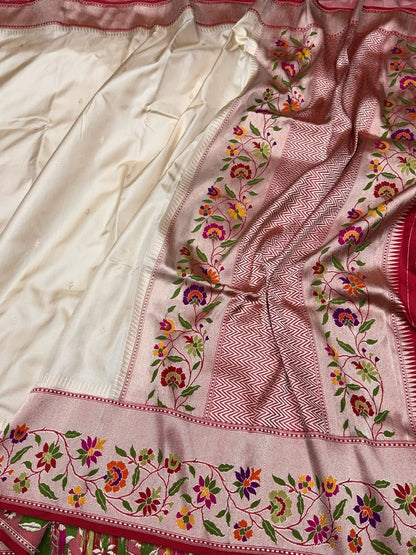 Cream / Red Handwoven Pure Banarasi Ektara Silk Saree