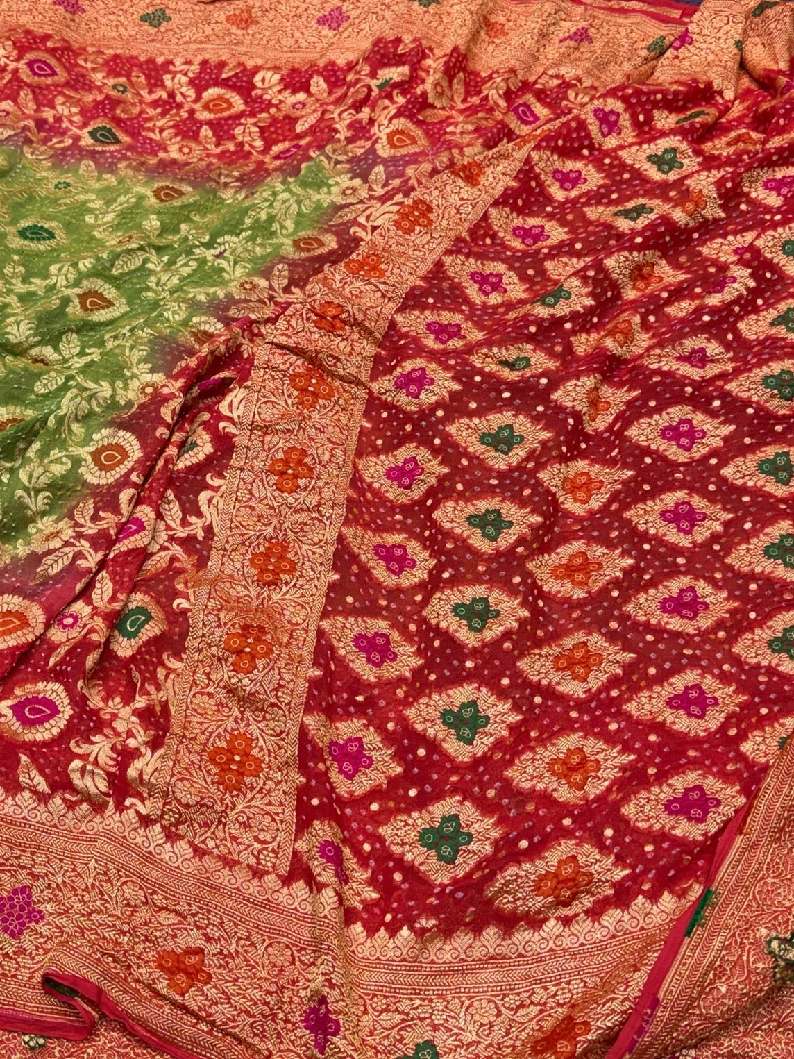 Red Banarasi Pure Bandhej Georgette Saree – Luxury Cutwork Brocade Wedding &amp; Festive Saree