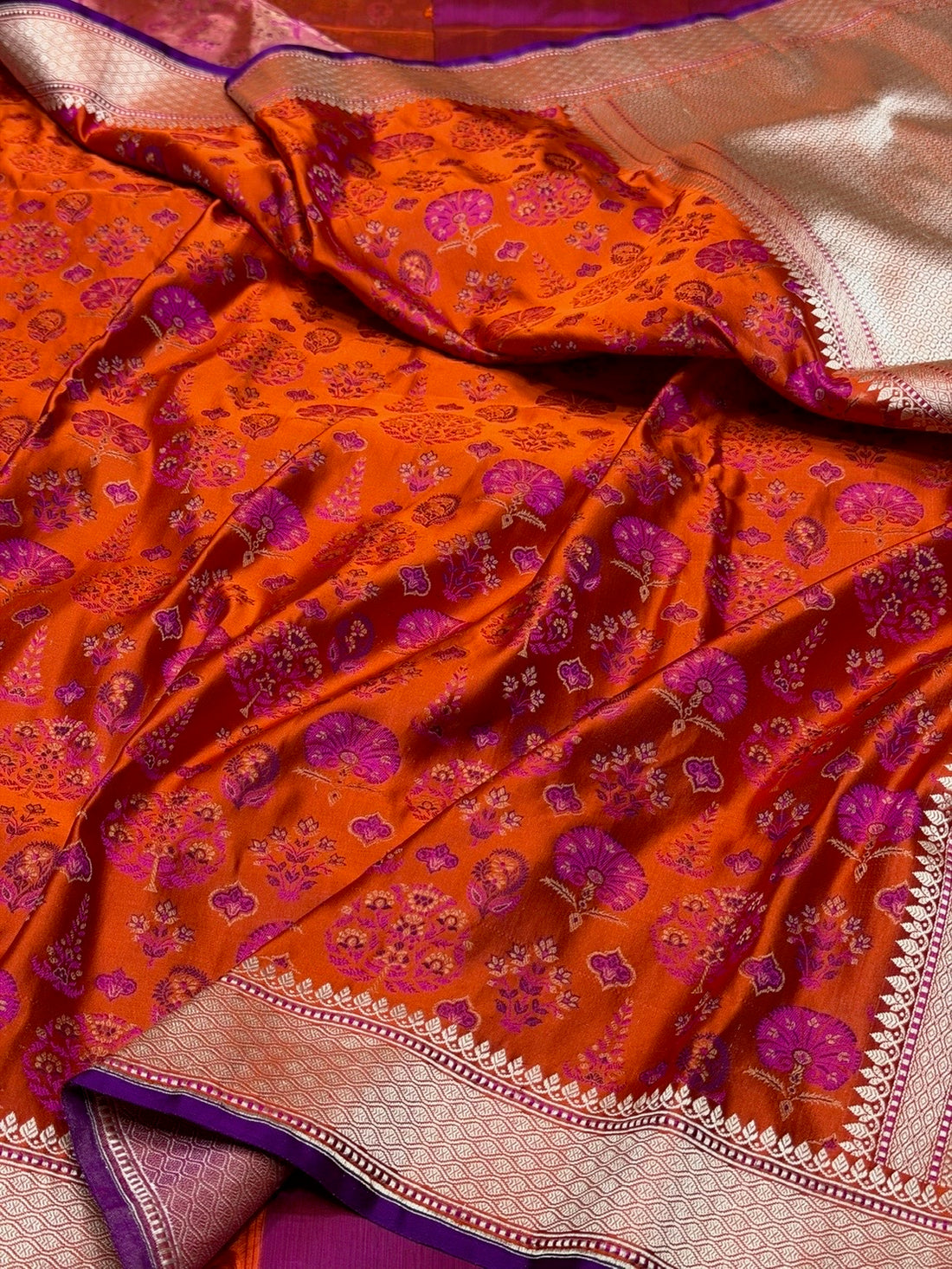Orange Handwoven Pure Banarasi Satin Tanchoi Silk Saree