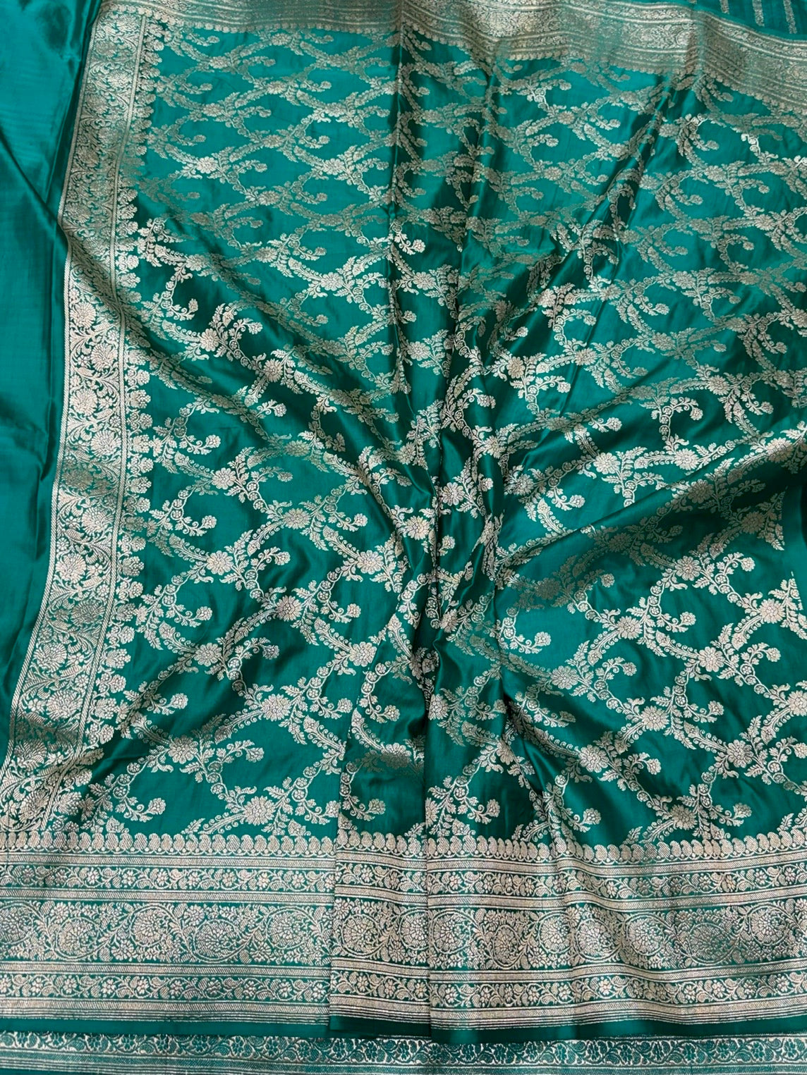 Teal Green Vintage Banarasi Pure Satin Silk Brocade Saree – Luxury Cutwork Wedding &amp; Festive Saree