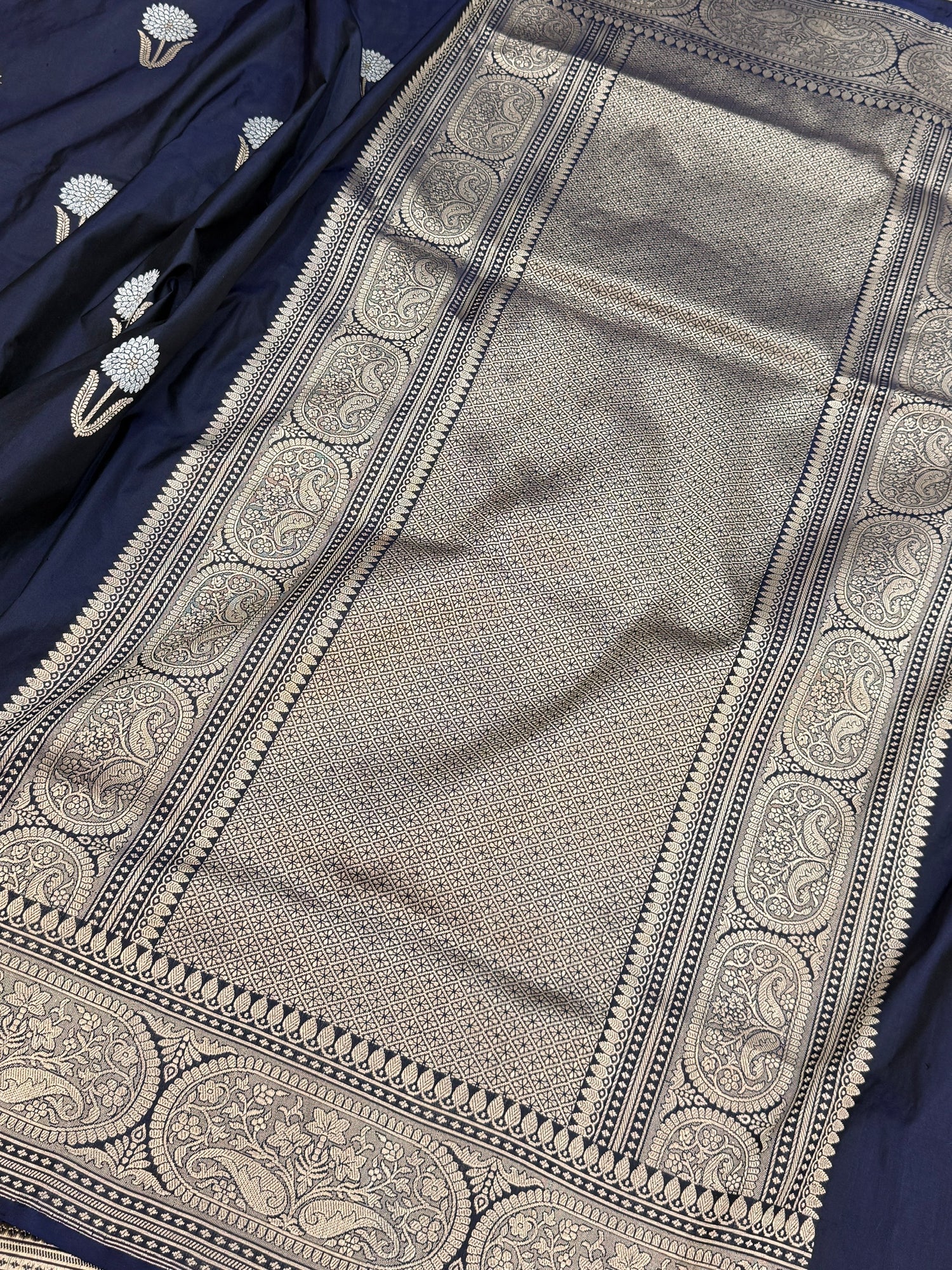 Navy Blue Handwoven Pure Banarasi Katan Silk Saree | Kadwa Weave | Gold &amp; Silver Zari | Pure Silk Handloom Saree