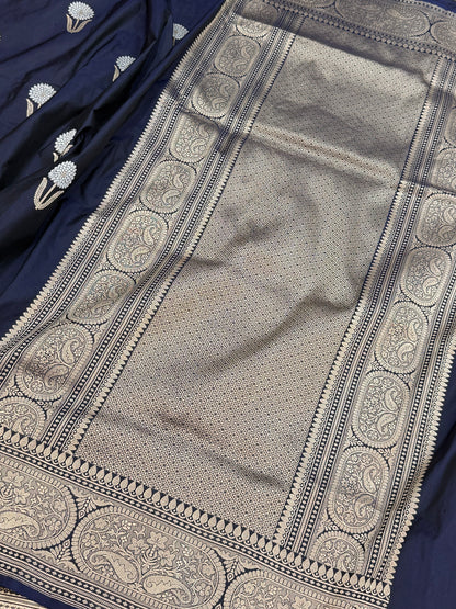 Navy Blue Handwoven Pure Banarasi Katan Silk Saree | Kadwa Weave | Gold &amp; Silver Zari | Pure Silk Handloom Saree