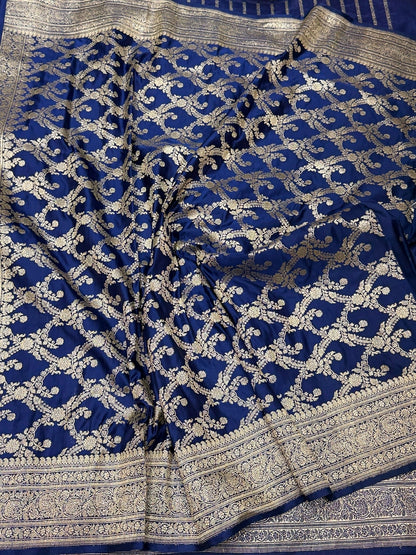 Royal Blue Handwoven Vintage Pure Banarasi Satin Silk Saree