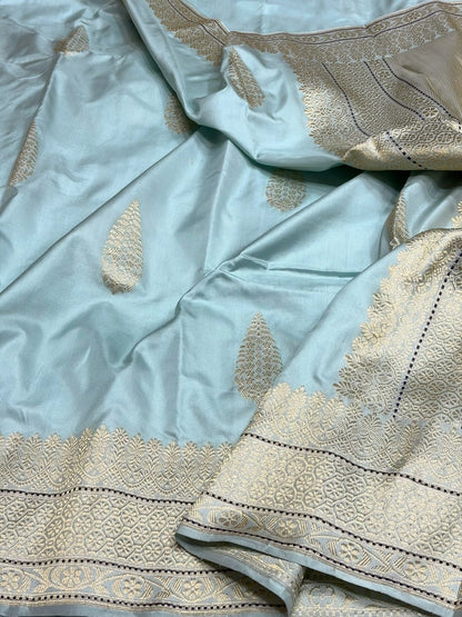 Powder Blue Handwoven Pure Banarasi Ektara Silk Saree