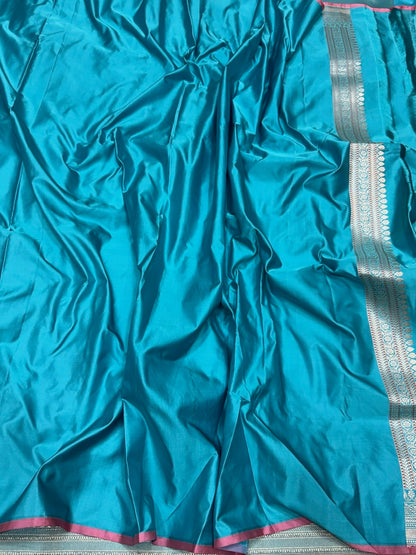 Sky Blue Handwoven Pure Banarasi Satin Silk Saree