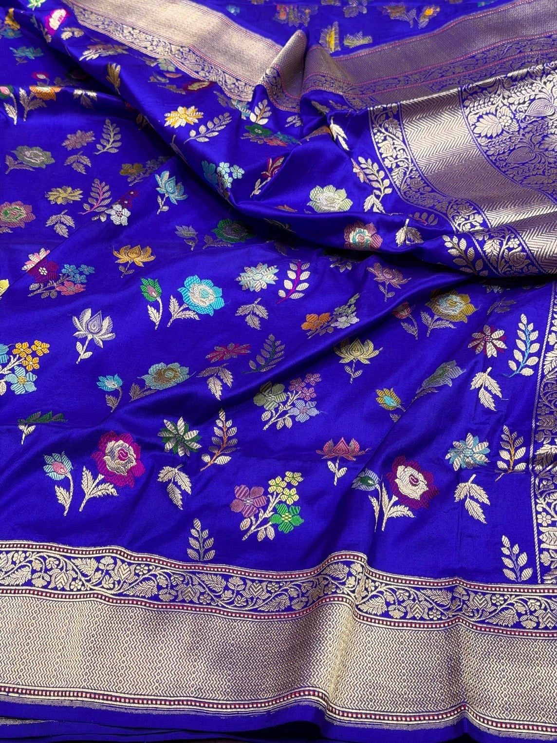Royal Blue Handwoven Pure Banarasi Silk Saree in Kadwa Weave | Authentic Katan Mulberry Silk