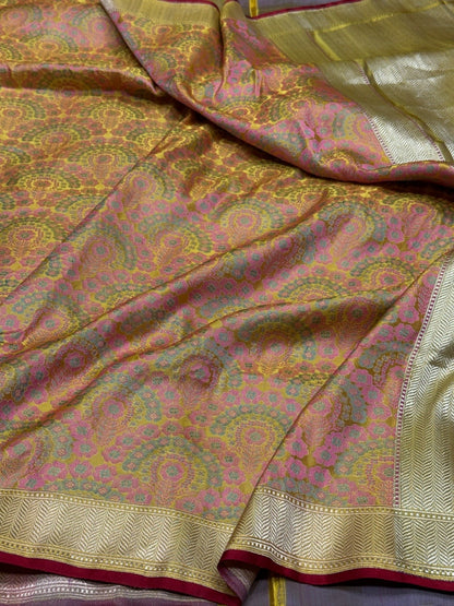 Lemon Yellow Handwoven Pure Banarasi Satin Silk Saree