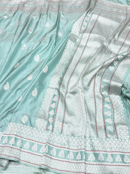 Sage Green Handwoven Pure Banarasi Ektara Silk Saree – Kadwa Weave, Pure Mulberry Silk