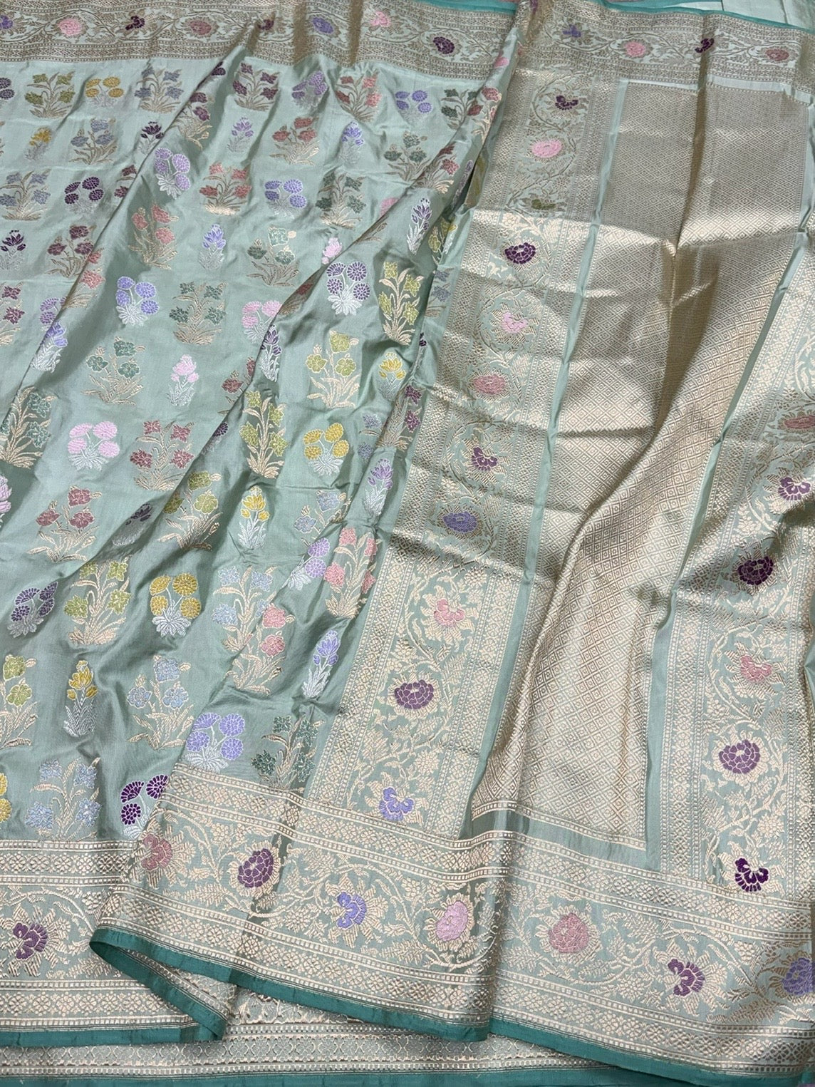Powder Blue Handwoven Pure Banarasi Silk Saree – Luxury Kadwa Handloom Wedding &amp; Festive Saree