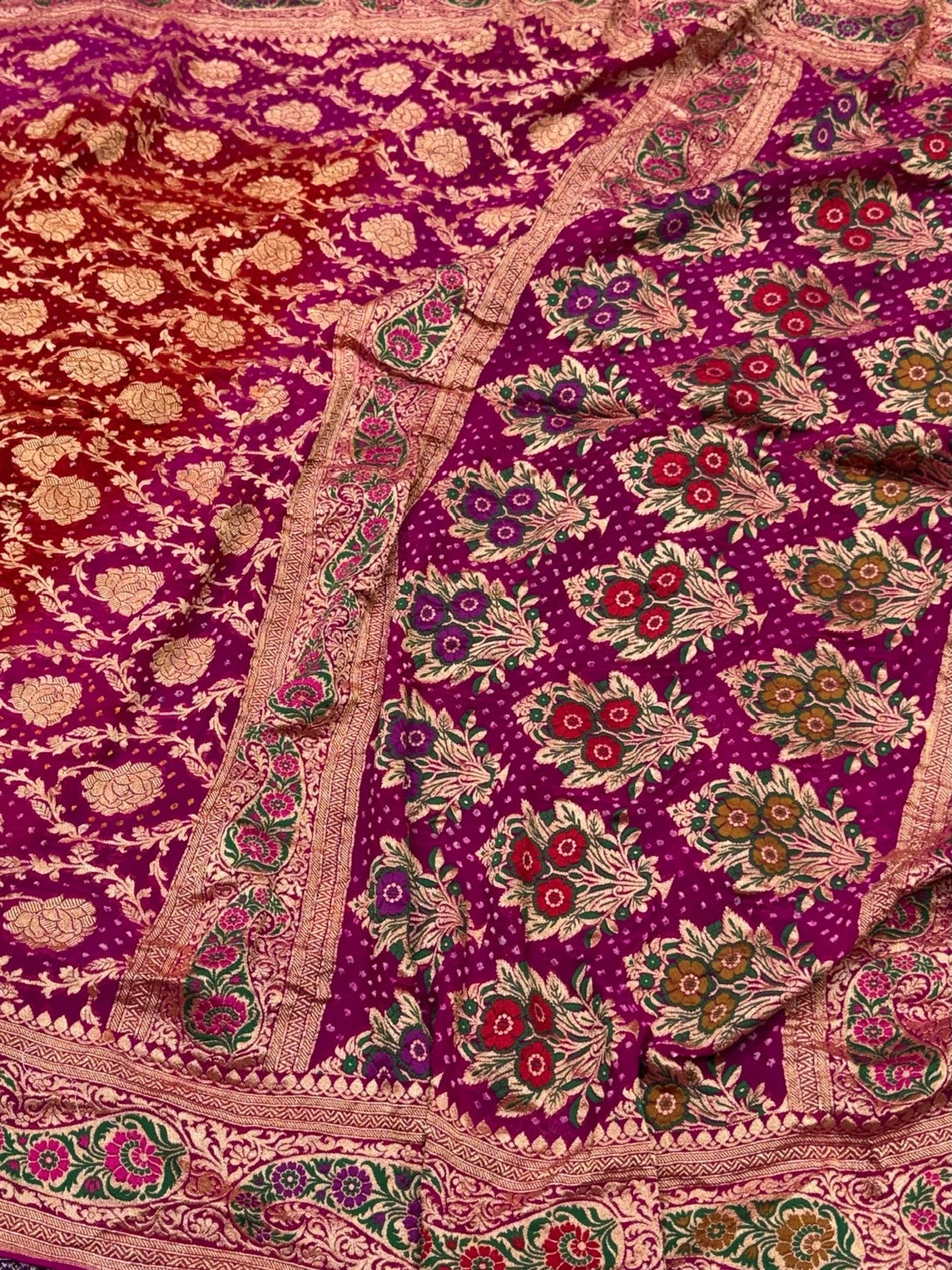 Rani Pink Banarasi Pure Bandhej Georgette Saree – Luxury Cutwork Brocade Festive Saree