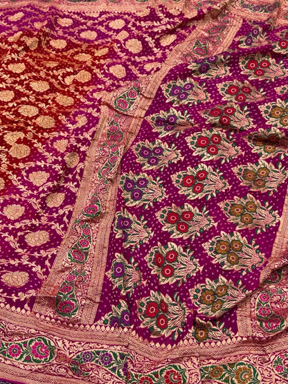 Rani Pink Banarasi Pure Bandhej Georgette Saree – Luxury Cutwork Brocade Festive Saree