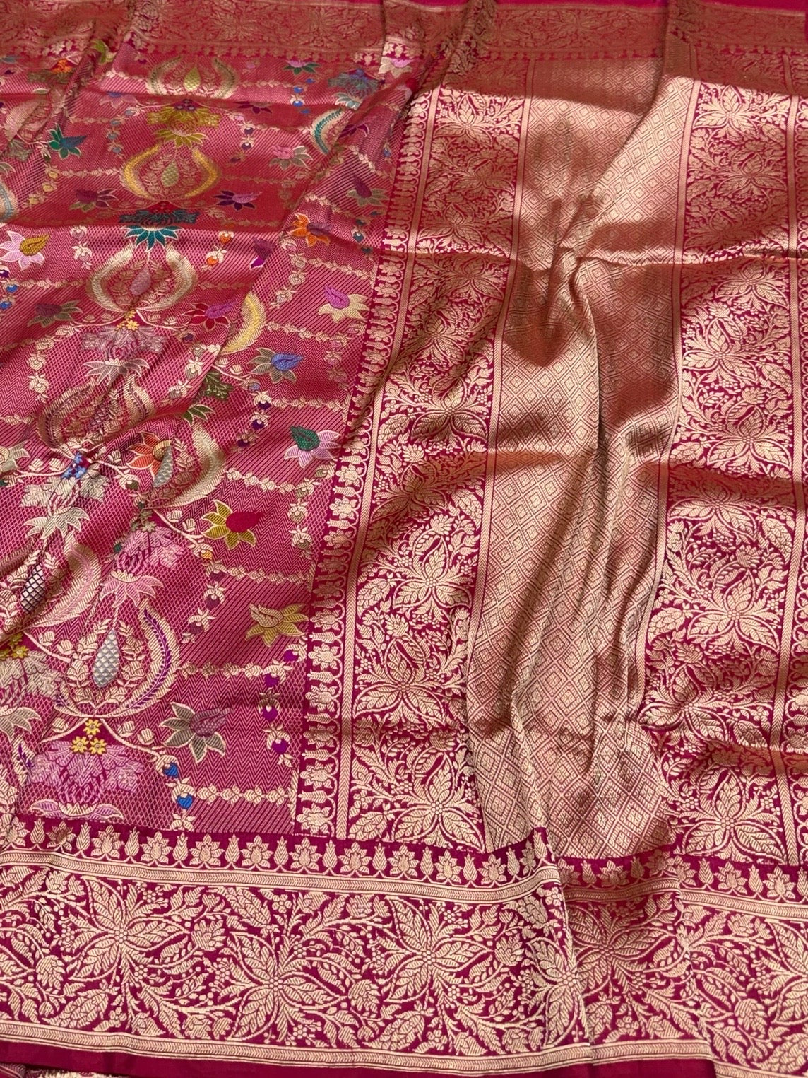Rani Pink Handwoven Banarasi Pure Silk Brocade Saree | Meenakari Katan Silk