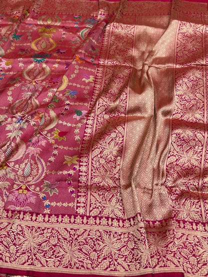 Rani Pink Handwoven Banarasi Pure Silk Brocade Saree | Meenakari Katan Silk