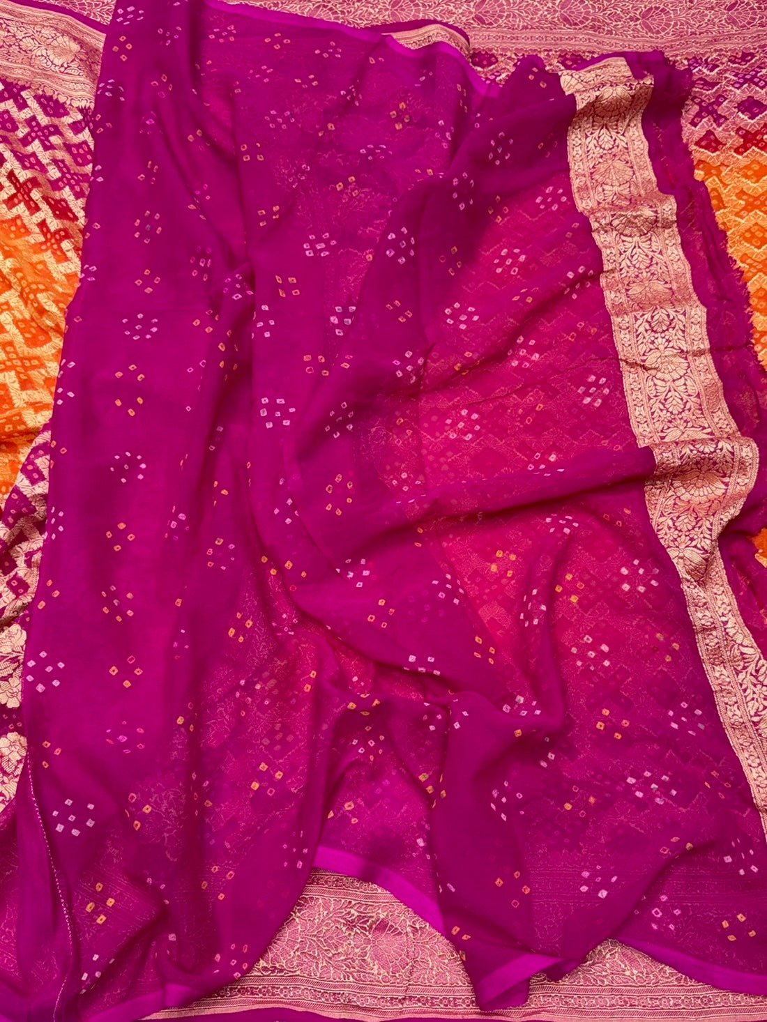Rani Pink Banarasi Pure Bandhej Georgette Saree – Luxury Cutwork Brocade Festive Saree