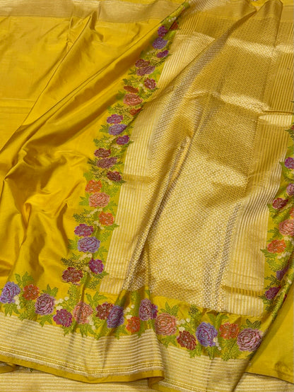 Mustard Yellow Handwoven Pure Banarasi Katan Silk Saree – Kadwa Weave | Traditional Kadiyal Border | 100% Pure Mulberry Silk