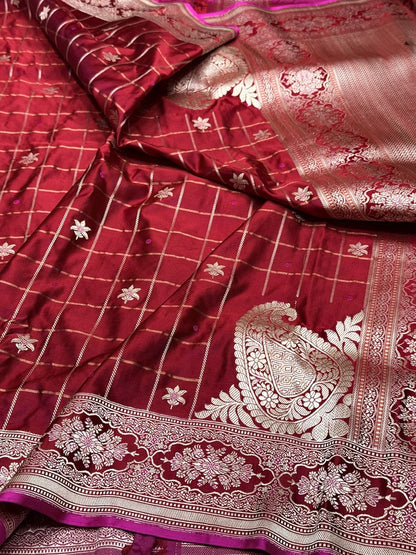 Ruby Red Handwoven Pure Banarasi Satin Silk Saree