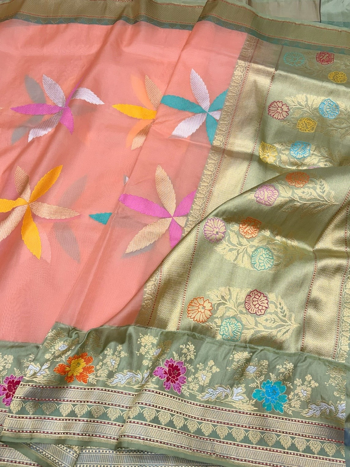 Peach Handwoven Pure Organza Silk Saree