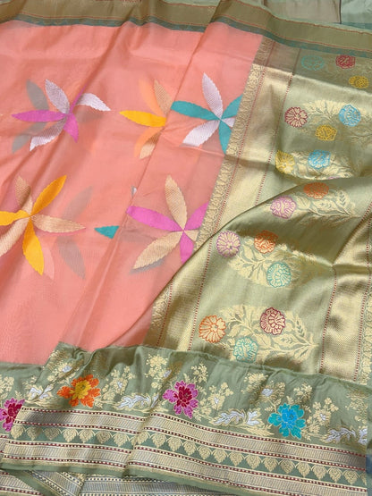 Peach Handwoven Pure Organza Silk Saree