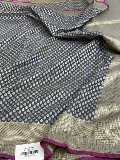 Bluish Grey Pure Banarasi Kora Cotton Saree