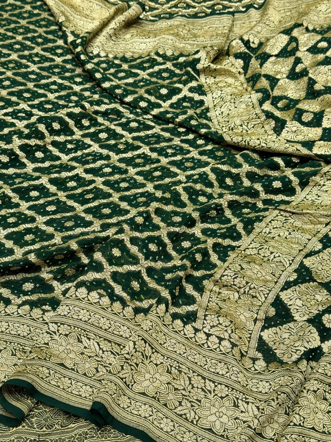 Bottle Green Banarasi Pure Bandhej Georgette Saree – Luxury Cutwork Brocade Festive Saree