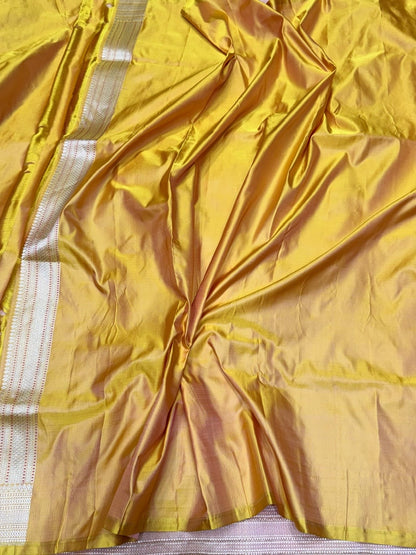 Yellow Handwoven Pure Banarasi Satin Tanchoi Silk Saree – Luxury Wedding &amp; Festive Saree