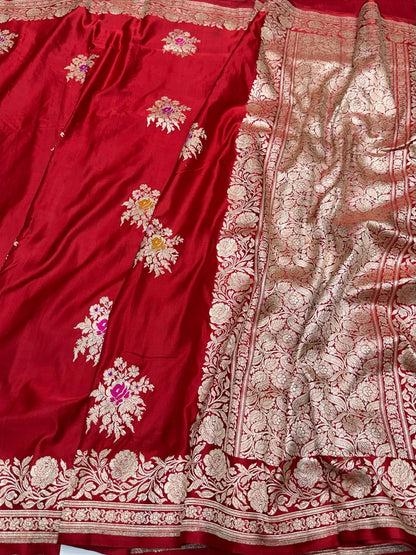 Red Handwoven Vintage Pure Banarasi Satin Silk Saree