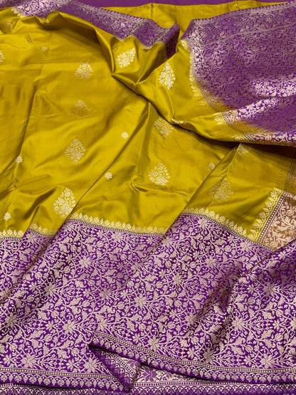 Mehndi Yellow Handwoven Pure Banarasi Ektara Silk Saree in Kadwa Weave – 100% Pure Mulberry Silk