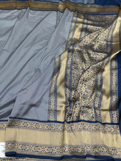 Navy Blue Handwoven Pure Banarasi Silk Saree – Kadwa Weave, Pure Katan