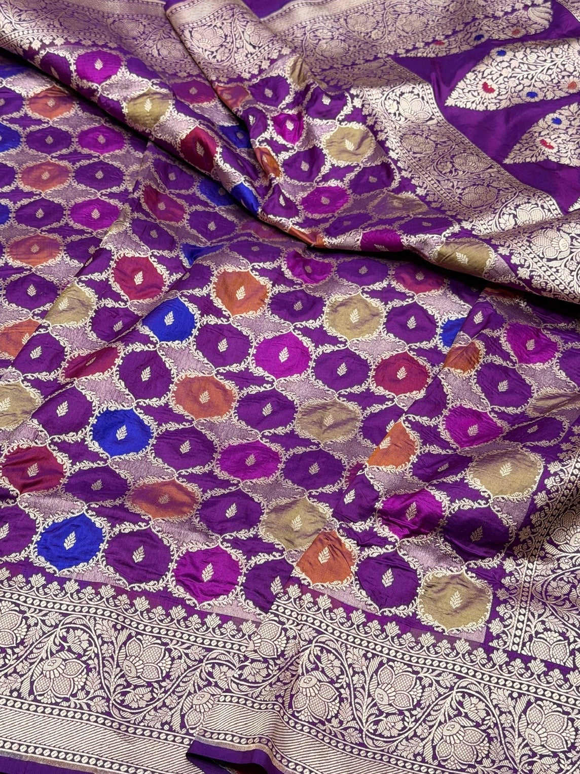 Multicolour Banarasi Pure Silk Saree – Cutwork Weave in 100% Pure Katan Silk