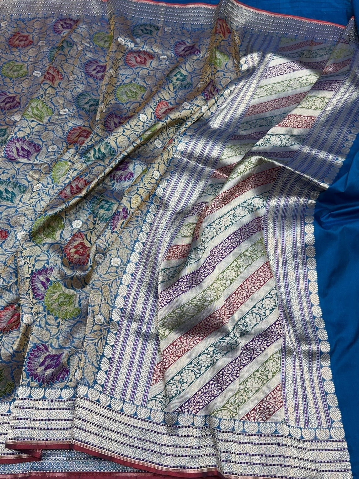German Blue Handwoven Pure Banarasi Satin Silk Brocade Saree – Luxury Brocade Work