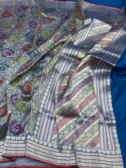 German Blue Handwoven Pure Banarasi Satin Silk Brocade Saree – Luxury Brocade Work