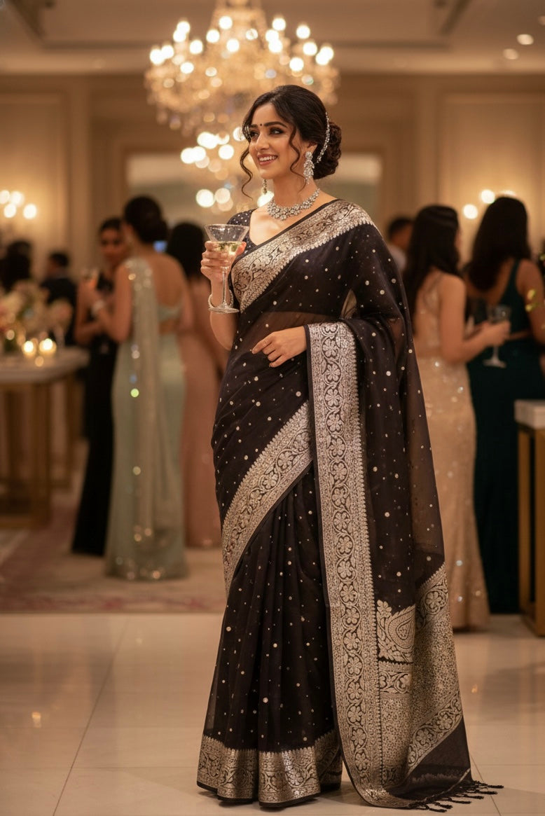 Wine Pure Banarasi Organza Silk Saree