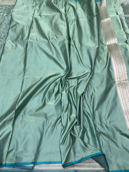 Mint Green Handwoven Pure Banarasi Satin Tanchoi Silk Saree