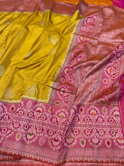 Mustard Yellow Handwoven Pure Banarasi Ektara Silk Saree – Kadwa Iktara Weave, Pure Mulberry Silk