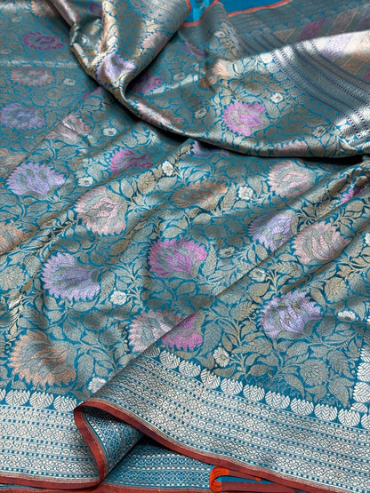 Peacock Blue Handwoven Pure Banarasi Brocade Saree