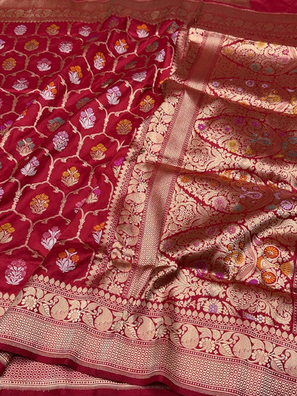 Red Handwoven Pure Banarasi Silk Saree in Kadwa Weave – 100% Katan Mulberry Silk