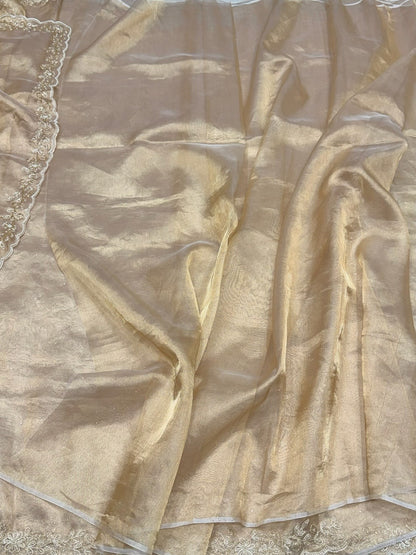 Champagne Gold Pure Banarasi Tissue Hand Embroidery | Pure Kora Tissue | Cutwork Technique | Lightweight Banarasi Saree