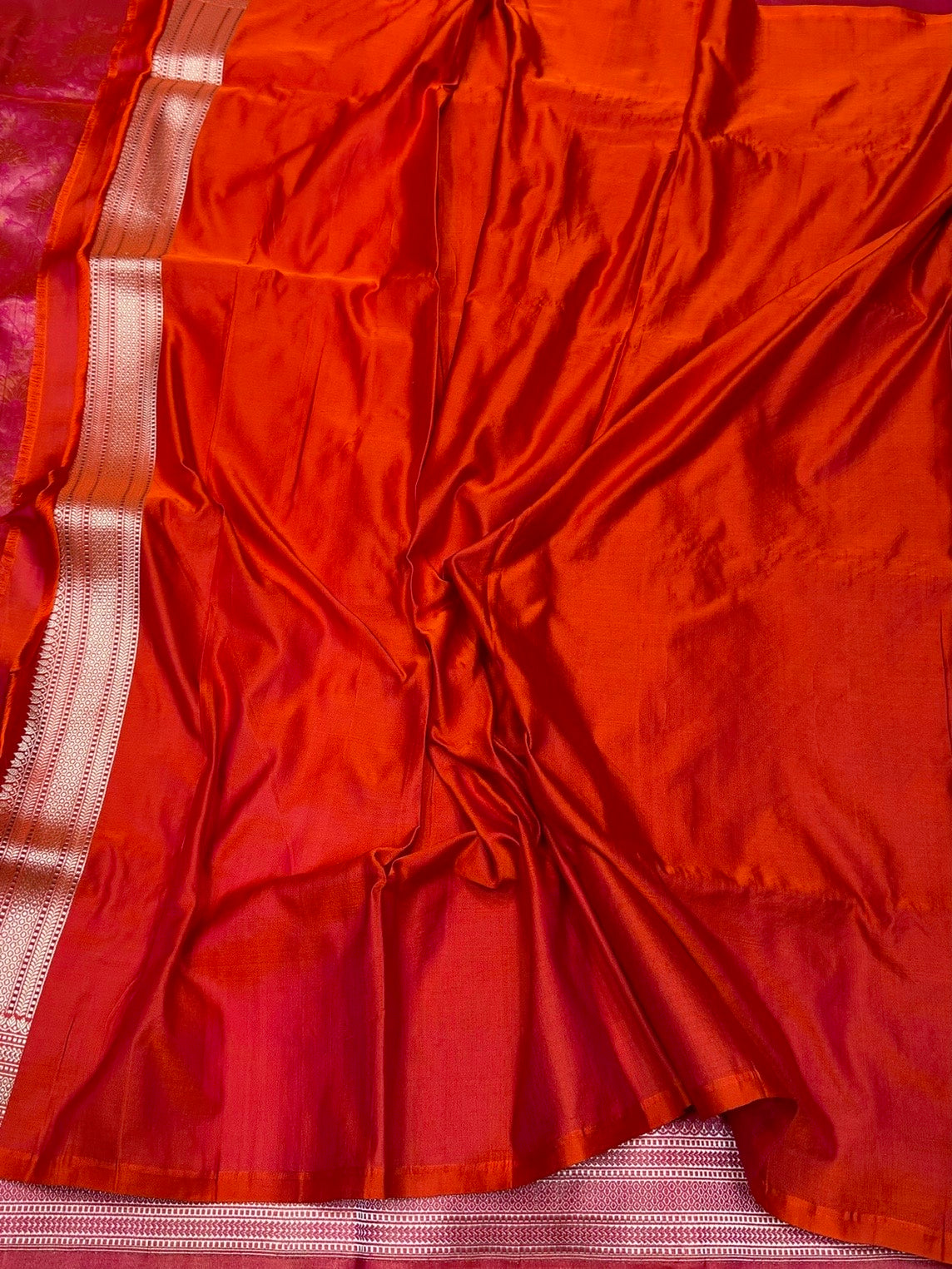 Orange Handwoven Pure Banarasi Satin Tanchoi Silk Saree – Kadwa Weave | Authentic Banaras Handloom