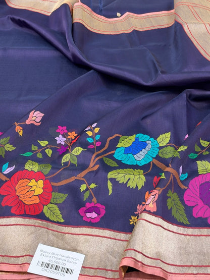 Navy Blue Handwoven Pure Ektara Organza Jamdani Saree