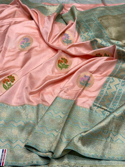 Peach Handwoven Pure Banarasi Ektara Silk Saree – Kadwa Iktara Weave, Pure Mulberry Silk