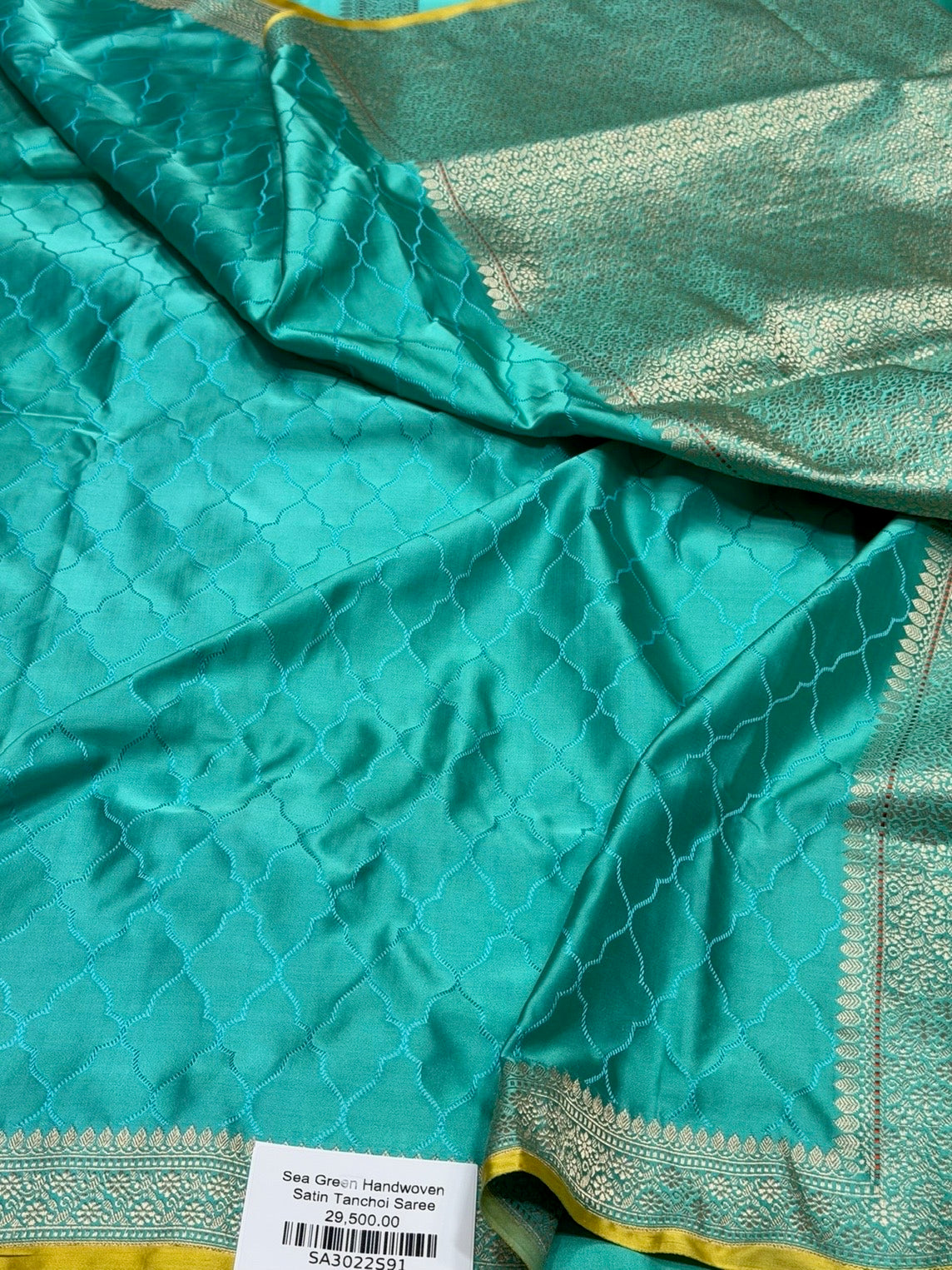 Sea Green Handwoven Pure Banarasi Satin Tanchoi Silk Saree