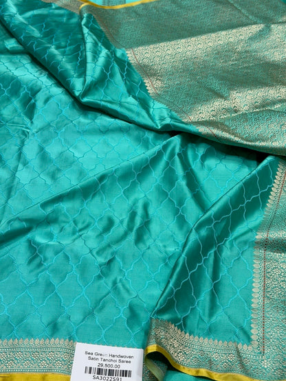 Sea Green Handwoven Pure Banarasi Satin Tanchoi Silk Saree
