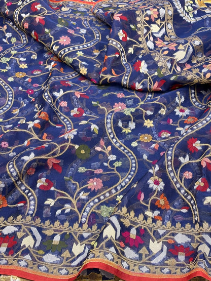 Navy Blue Banarasi Pure Kora Jamdani Saree