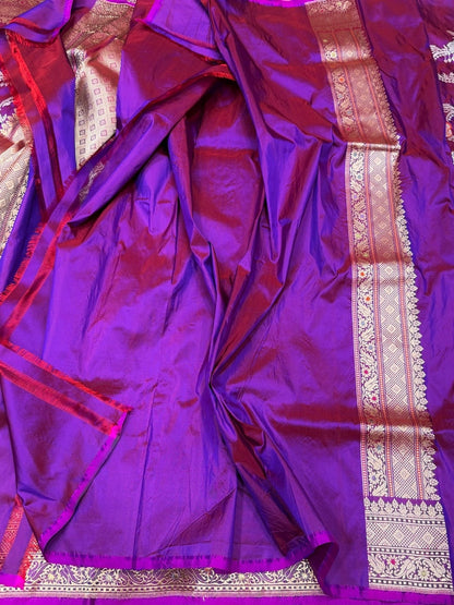 Purple Pink Handwoven Pure Banarasi Silk Saree in Kadwa Weave – 100% Katan Mulberry Silk