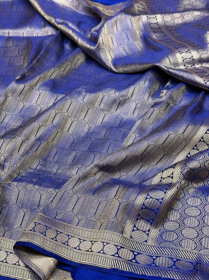 Navy Blue Handwoven Banarasi Satin Tanchoi Brocade Saree