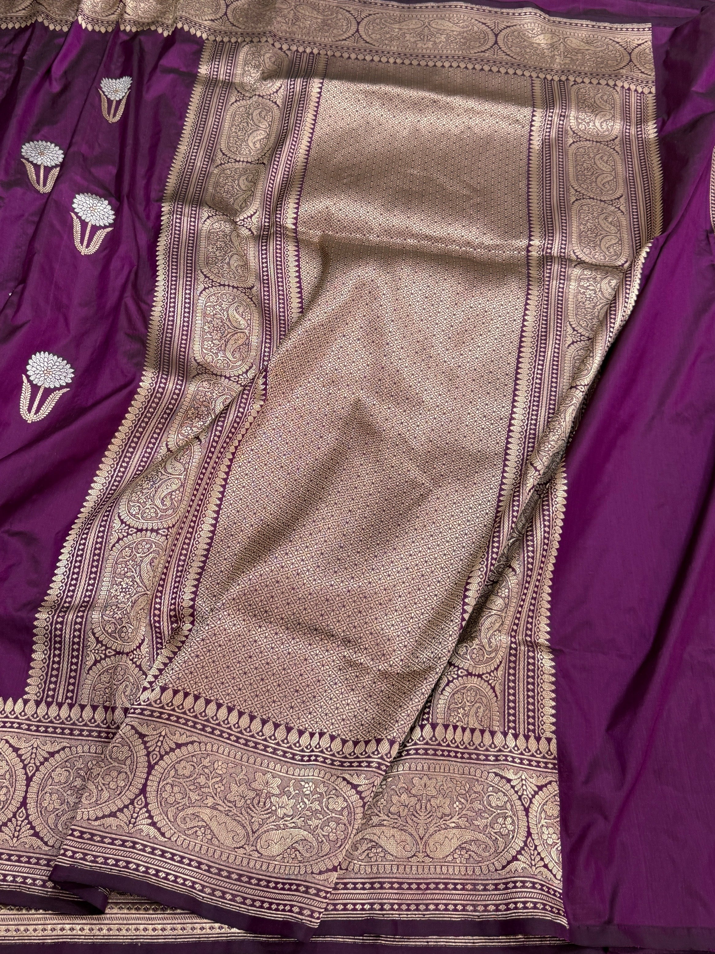 Magenta Handwoven Pure Banarasi Katan Silk Saree | Kadwa Weave | Gold &amp; Silver Zari | Pure Silk Handloom Saree